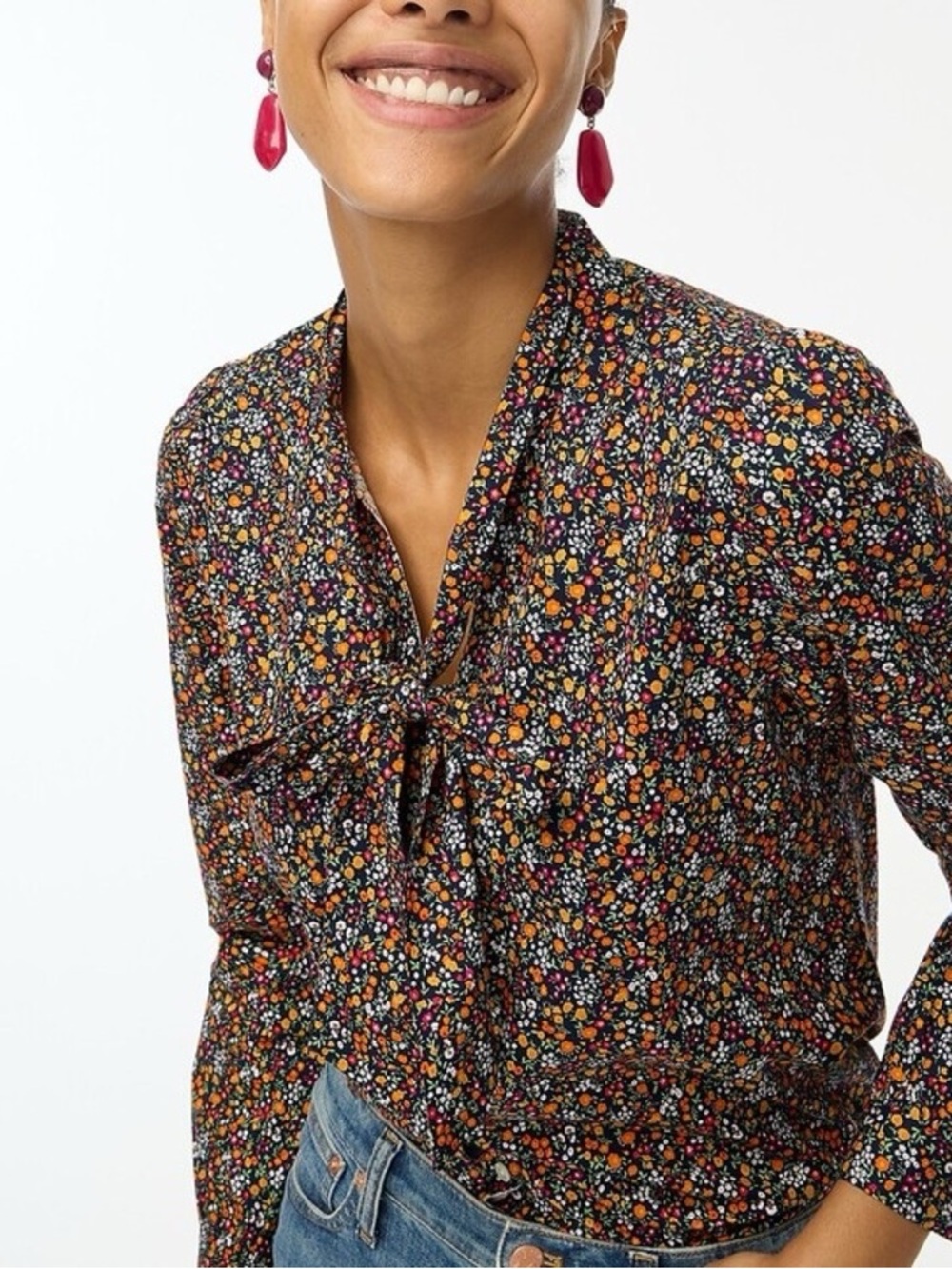 J. Crew Navy Blue Floral Tie-Neck Blouse